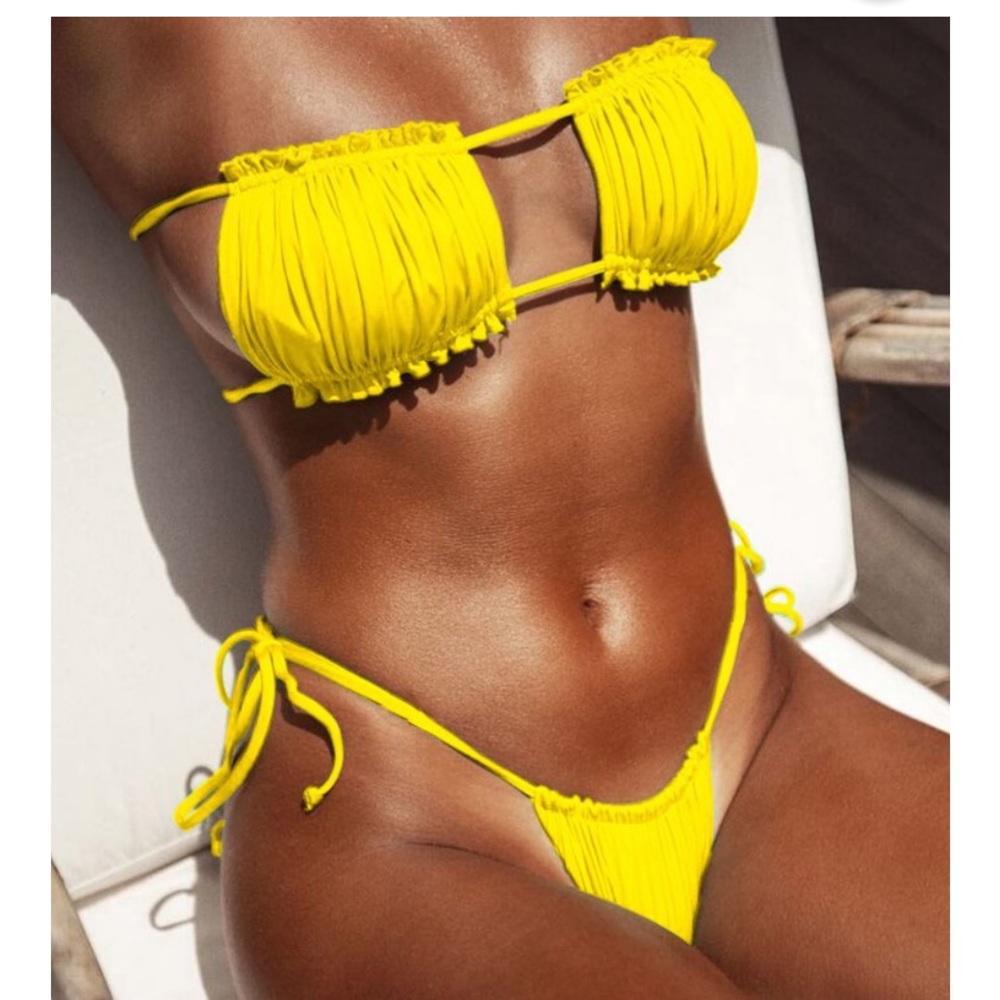 JIREH Yellow Bandeau Ruffled 2 Pc String Bikini Size M NWT